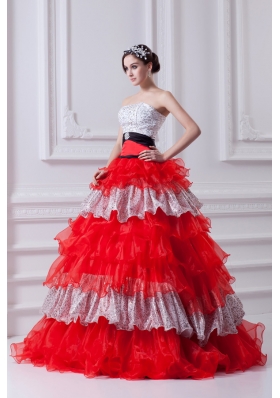 Elegant Princess Strapless Beading Ruflled Layers Red Quinceanera Dress in 2014