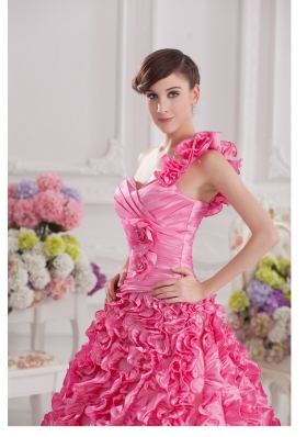 Hot Pink Ball Gown One Shoulder Taffeta Hand Made Flowers and Ruffles Quinceanera Dress