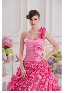 Hot Pink Ball Gown One Shoulder Taffeta Hand Made Flowers and Ruffles Quinceanera Dress