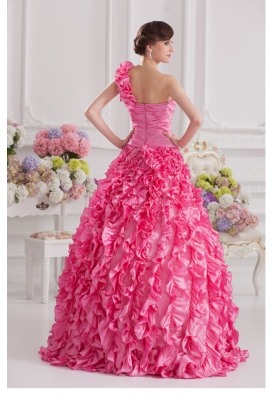 Hot Pink Ball Gown One Shoulder Taffeta Hand Made Flowers and Ruffles Quinceanera Dress