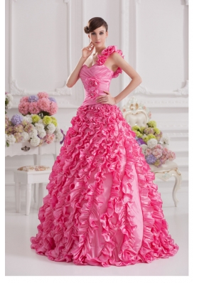 Hot Pink Ball Gown One Shoulder Taffeta Hand Made Flowers and Ruffles Quinceanera Dress