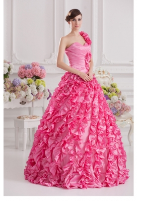 Hot Pink Ball Gown One Shoulder Taffeta Hand Made Flowers and Ruffles Quinceanera Dress