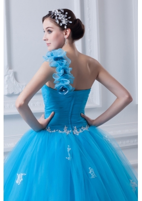 Princess One Shoulder Appliques Sky Blue 2014 Quinceanera Dress