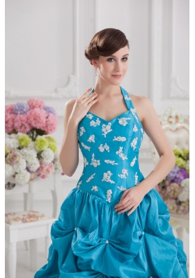 Princess Taffeta Appliques Ruffles Teal Quinceanera Dress with Halter Top