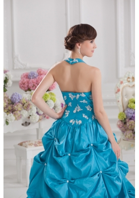 Princess Taffeta Appliques Ruffles Teal Quinceanera Dress with Halter Top