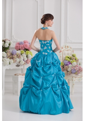 Princess Taffeta Appliques Ruffles Teal Quinceanera Dress with Halter Top