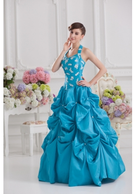 Princess Taffeta Appliques Ruffles Teal Quinceanera Dress with Halter Top