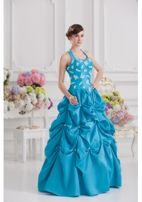 Princess Taffeta Appliques Ruffles Teal Quinceanera Dress with Halter Top