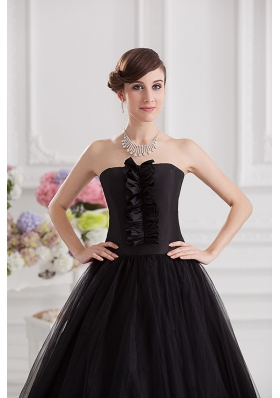 Simple A-line Strapless Tulle Black Quinceanera Dress with Ruffles