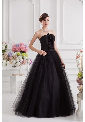 Simple A-line Strapless Tulle Black Quinceanera Dress with Ruffles