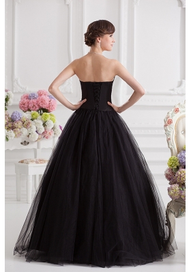 Simple A-line Strapless Tulle Black Quinceanera Dress with Ruffles