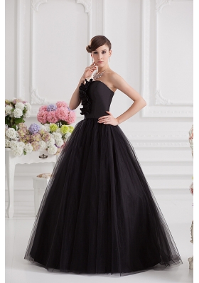 Simple A-line Strapless Tulle Black Quinceanera Dress with Ruffles