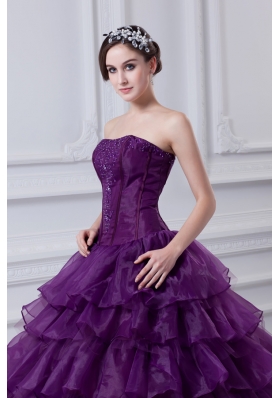 2014 Eggplant Purple Strapless Ball Gown Beading and Embroidery Quinceanera Dress