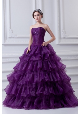 2014 Eggplant Purple Strapless Ball Gown Beading and Embroidery Quinceanera Dress