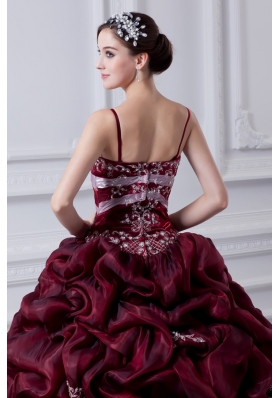 2014 Spaghetti Straps Organza Beading and Appliques Burgundy Quinceanera Dress