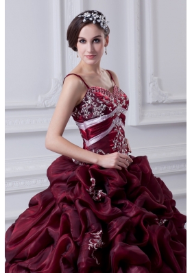 2014 Spaghetti Straps Organza Beading and Appliques Burgundy Quinceanera Dress