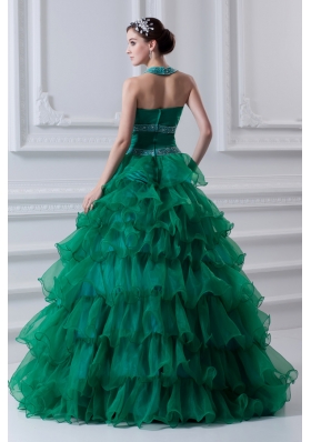 2014 Spring A-line Hater Top Beading and Appliques Green Quinceanera Dress