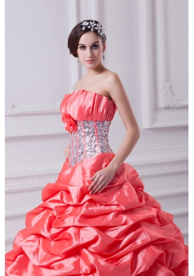 2014 Watermelon Ball Gown Strapless Beading Quinceanera Dress with Side Zipper