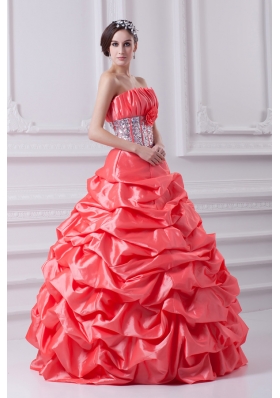 2014 Watermelon Ball Gown Strapless Beading Quinceanera Dress with Side Zipper