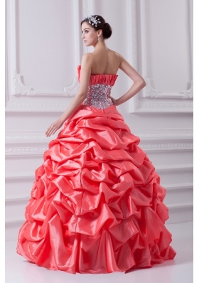 2014 Watermelon Ball Gown Strapless Beading Quinceanera Dress with Side Zipper