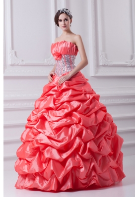 2014 Watermelon Ball Gown Strapless Beading Quinceanera Dress with Side Zipper