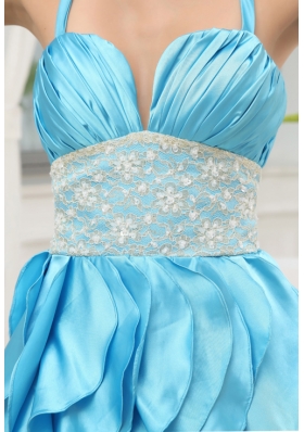 A-line Aqua Blue Halter Top Ruching Ruffles Lace Prom Dress