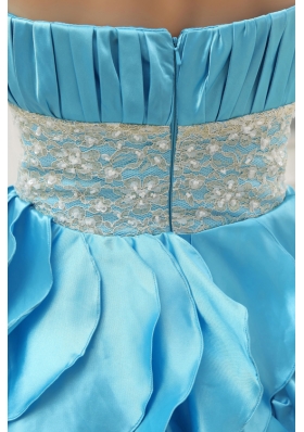 A-line Aqua Blue Halter Top Ruching Ruffles Lace Prom Dress