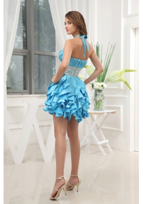 A-line Aqua Blue Halter Top Ruching Ruffles Lace Prom Dress