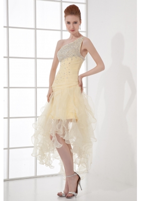 A-line One Shoulder High-low Ruchings Beading Organza Light Yellow Prom Dress