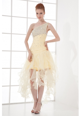 A-line One Shoulder High-low Ruchings Beading Organza Light Yellow Prom Dress