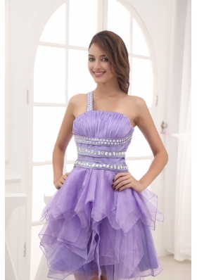 A-line One Shoulder Lavender Beading and Ruching Short Prom Dress