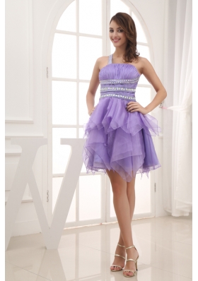 A-line One Shoulder Lavender Beading and Ruching Short Prom Dress