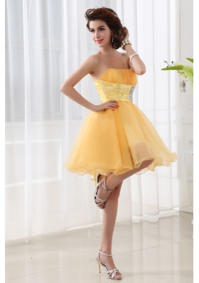 A-line Strapless Organza Gold Mini-length Prom Dress with Ruching