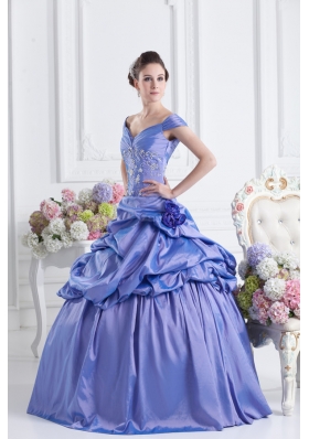 Blue Off The Shoulder Pick-ups Purple Quinceanera Dress with Beading