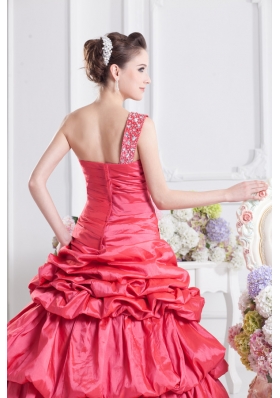 Cheap Coral Red One Shoulder Beading Ball Gown Quinceanera Dress with Pick Ups