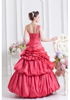 Cheap Coral Red One Shoulder Beading Ball Gown Quinceanera Dress with Pick Ups