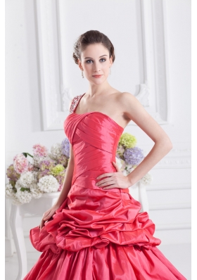 Cheap Coral Red One Shoulder Beading Ball Gown Quinceanera Dress with Pick Ups