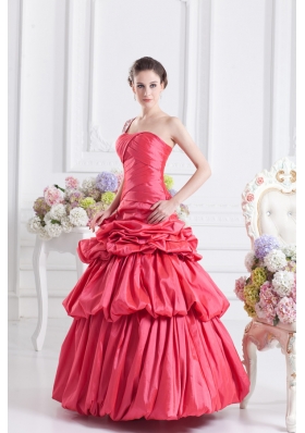 Cheap Coral Red One Shoulder Beading Ball Gown Quinceanera Dress with Pick Ups