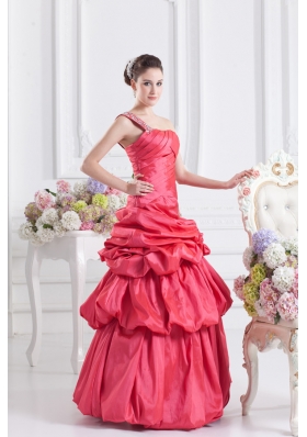 Cheap Coral Red One Shoulder Beading Ball Gown Quinceanera Dress with Pick Ups