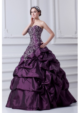 Cheap Eggplant Purple Sweetheart Embroidery and Pick-ups Quinceanera Dress