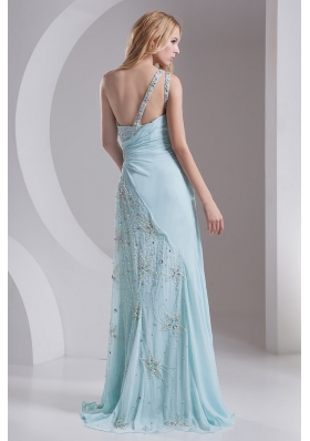 Column One Shoulder Chiffon Beading High Slit Prom Dress in Light Blue