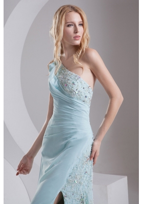 Column One Shoulder Chiffon Beading High Slit Prom Dress in Light Blue