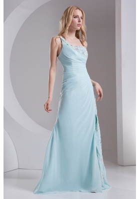 Column One Shoulder Chiffon Beading High Slit Prom Dress in Light Blue