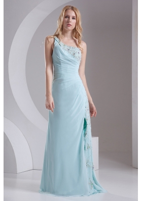 Column One Shoulder Chiffon Beading High Slit Prom Dress in Light Blue