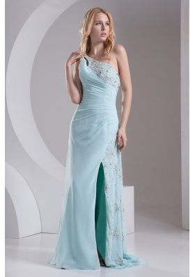 Column One Shoulder Chiffon Beading High Slit Prom Dress in Light Blue