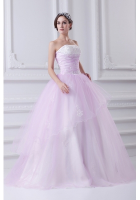 Cute Ball Gown Strapless Beading and Appliques Tulle Baby Pink Quinceanera Dress