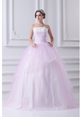Cute Ball Gown Strapless Beading and Appliques Tulle Baby Pink Quinceanera Dress