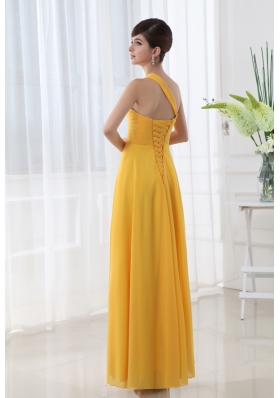 Empire Gold One Shoulder Beading and Ruching Chiffon Prom Dress