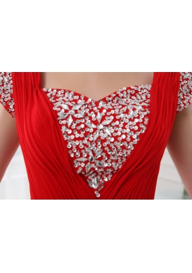 Empire Red Floor-length Square Beading and Ruching Cap Sleeves Prom Dress