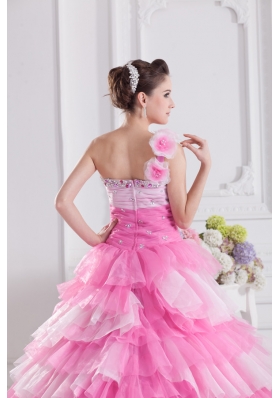 Pretty Rose Pink Princess One Shoulder Beading Quinceanera Dress with Ruffled Layers